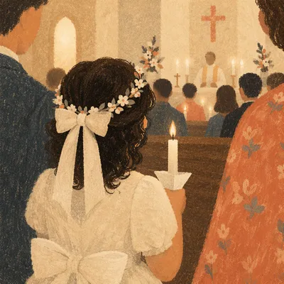 First Communion Child with Candle in Church