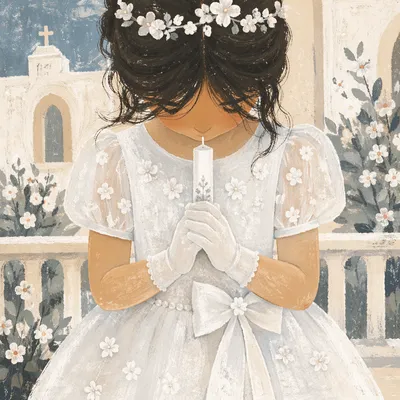 First Communion Child with Candle in Prayer
