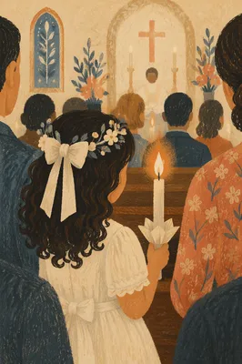 First Communion Child with Candle in Church
