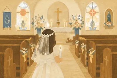 First Communion Child with Candle in Church