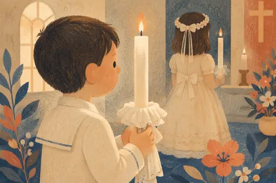 Child Holding Candle at First Communion