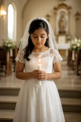 Young Girl in Communion Dress with Candle