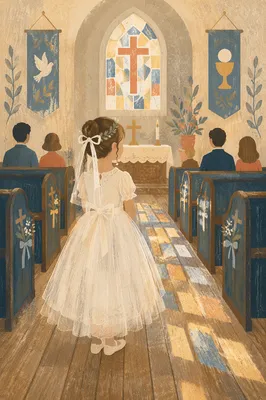 Child in White Communion Dress Church Aisle