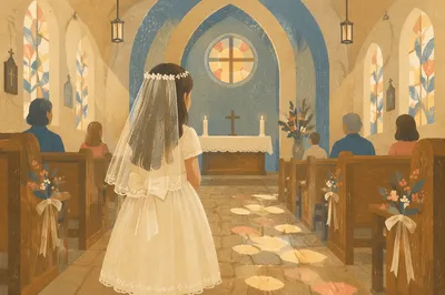 Child in White Dress at First Communion