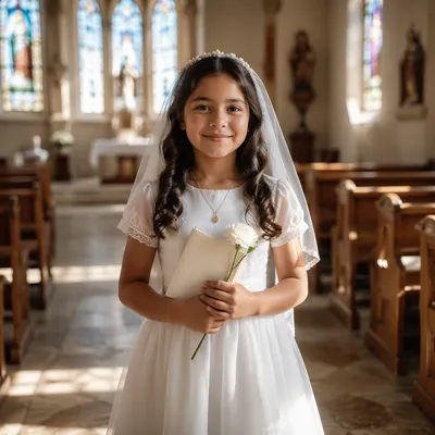 First Communion Girl in Church Aisle