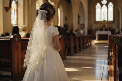 First Communion Child in Church Aisle