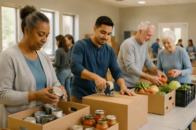 Volunteers Sorting Food Donations in Community Hall