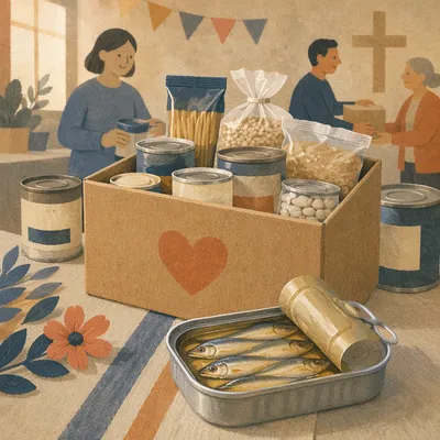 Church Food Drive Donation Table Close-Up