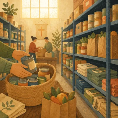 Church Food Pantry Shelves in Warm Light