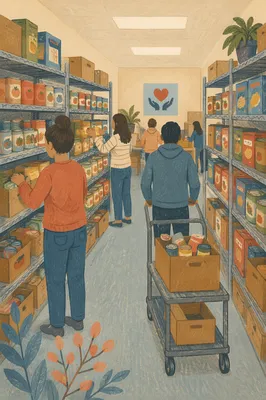 Church Food Pantry Shelves and Volunteers