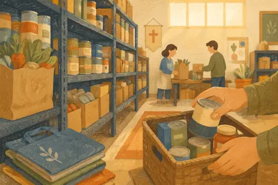 Organized Church Food Pantry with Volunteer Hands
