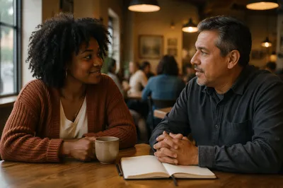 Two Friends Talking in Cozy Coffee Shop