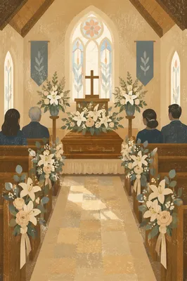 Peaceful Church Funeral Memorial with Flowers