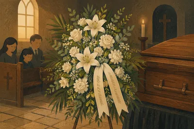 Funeral Memorial Flowers Beside Church Casket