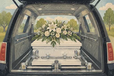 White Casket with Funeral Flowers Memorial