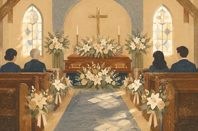 Peaceful Church Funeral with Floral Memorial