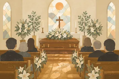 Peaceful Church Memorial with Flowers and Casket