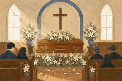 Peaceful Church Memorial with Floral Casket