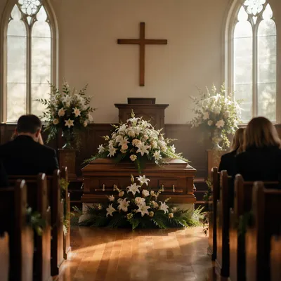 Peaceful Church Memorial with Floral Casket