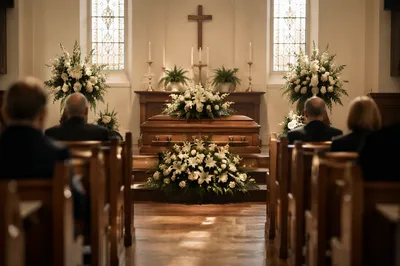 Peaceful Church Memorial with Flowers and Casket