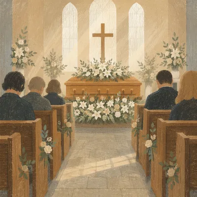 Peaceful Church Funeral with Floral Casket
