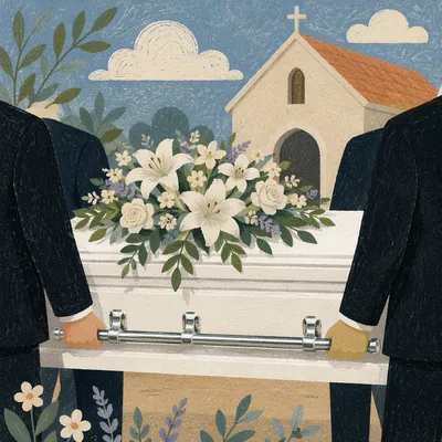 Peaceful Funeral Service With White Casket Flowers