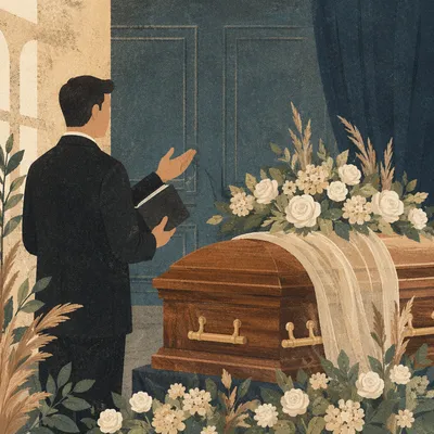 Peaceful Chapel Funeral with Flowers and Casket
