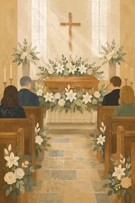Peaceful Church Funeral with Floral Casket