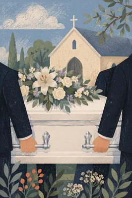 Peaceful Funeral Service With White Casket Flowers