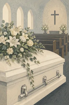 Peaceful Chapel Funeral Casket with White Flowers