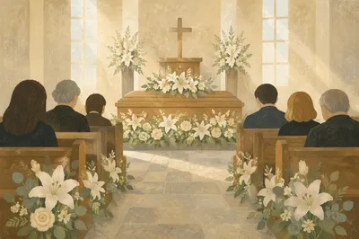 Peaceful Church Funeral with Floral Casket