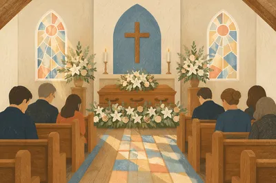 Peaceful Church Funeral with Flowers
