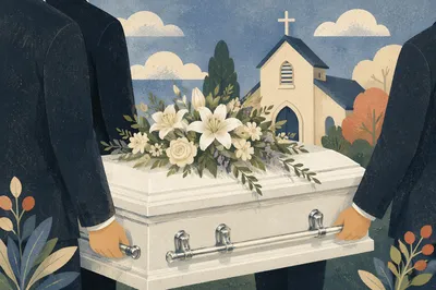 Peaceful Church Funeral Casket With White Flowers