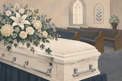 Peaceful Chapel Funeral Casket with White Flowers