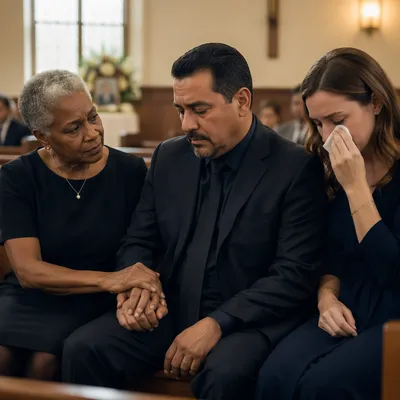 Mourners Seated in Quiet Church Pew