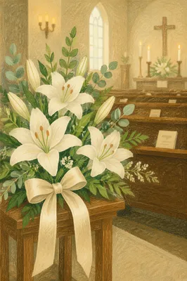White Lily Sympathy Arrangement in Chapel