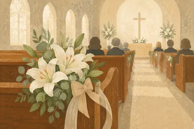 White Lily Sympathy Arrangement in Quiet Chapel