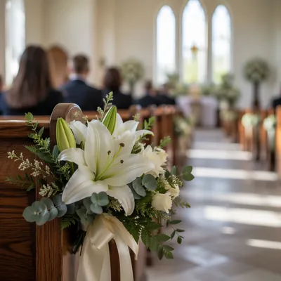 White Lily Sympathy Arrangement in Quiet Chapel