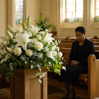 White Lily Arrangement in Sunlit Church