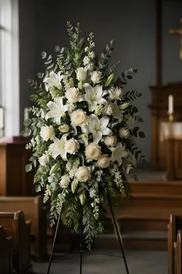 White Lily Funeral Sympathy Arrangement in Chapel