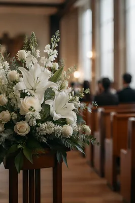 White Lily Sympathy Arrangement in Quiet Chapel
