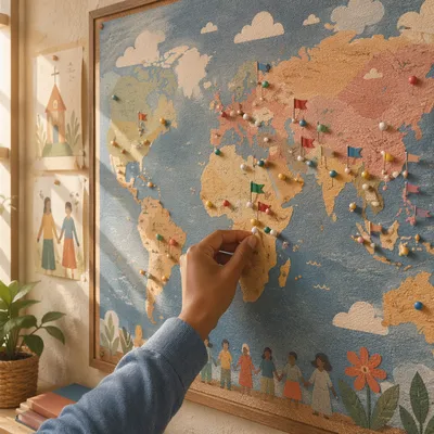 Hand Placing Pin on Global Mission Map