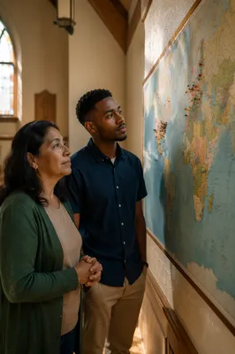 People Studying Mission Map in Church