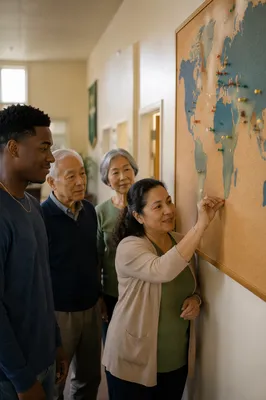 Church Hallway Mission Map With Colorful Pins