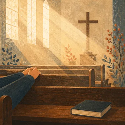 Golden Light Rays in Quiet Wooden Chapel