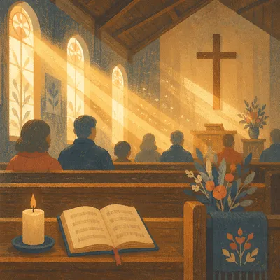 Golden Light Rays in Quiet Wooden Chapel
