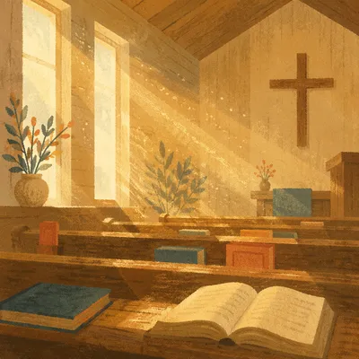 Golden Light Rays in Quiet Wooden Chapel