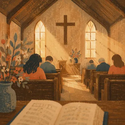 Golden Light Rays in Quiet Wooden Chapel