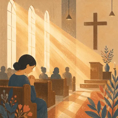 Golden Light Rays in Quiet Wooden Chapel