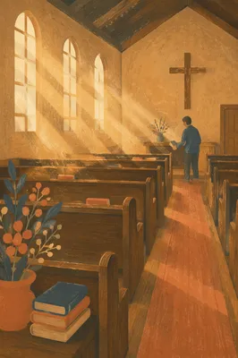 Golden Light in Quiet Wooden Chapel